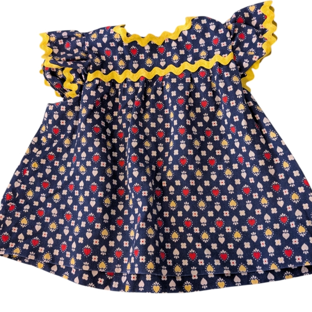 60s 70s Vintage Toddler Girl Blue Yellow All Over Heart Flower Print Dress